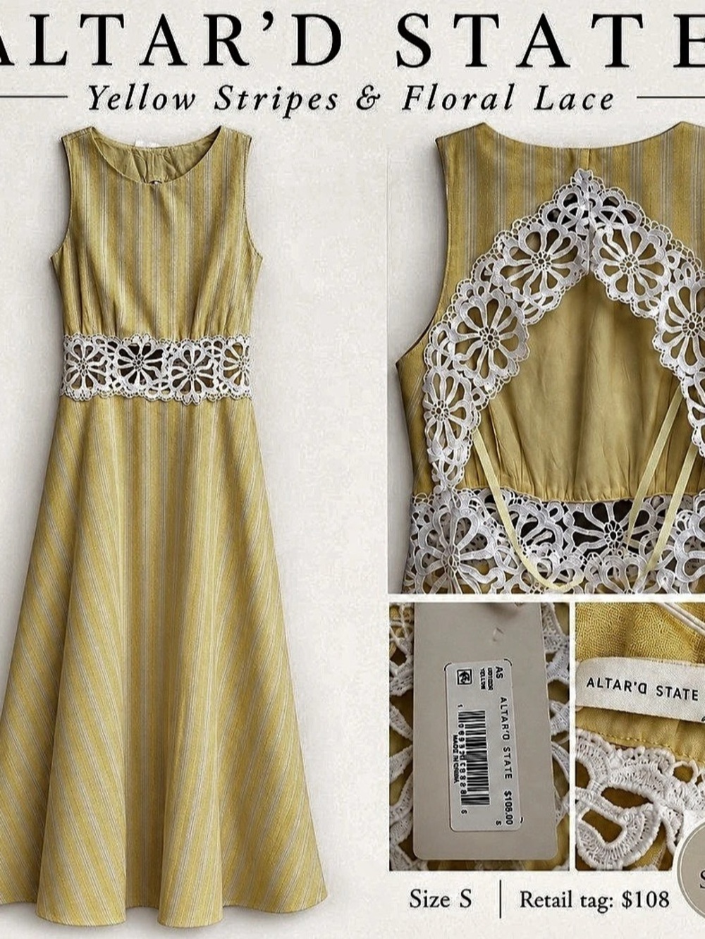 Altar'd State Harper Cutout Maxi Dress Yellow & White Size Small